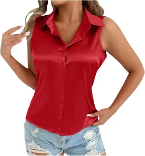 HGps8w Silky Tank Tops for Womens 2025 Summer Button Down Satin Work Shirts Dressy Collared Sleeveless Business Casual Blouse