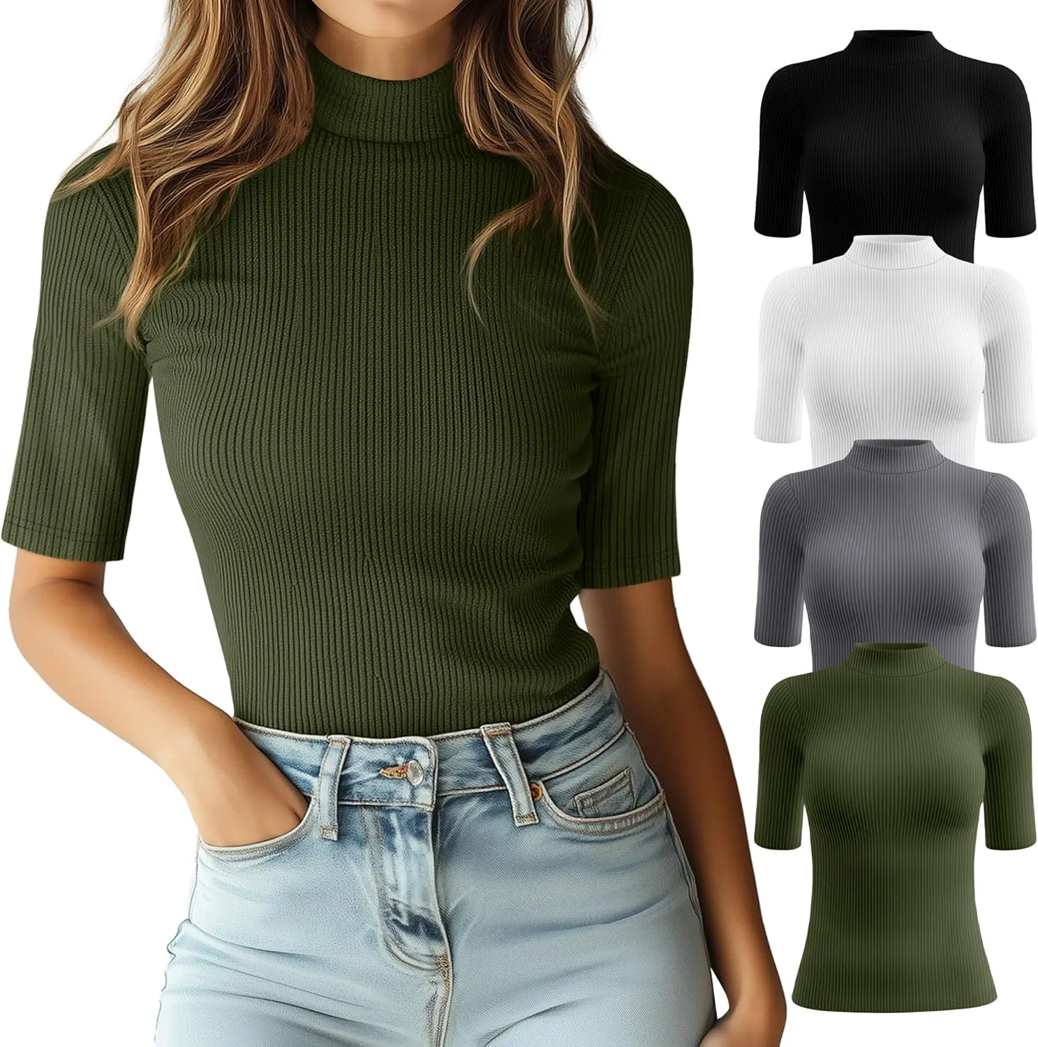 Huukeay 4 Pack Women's Mock Turtleneck Elbow Length Sleeve Ribbed Knit Tops, Tight Half Sleeve T-Shirts Casual Slim Tees