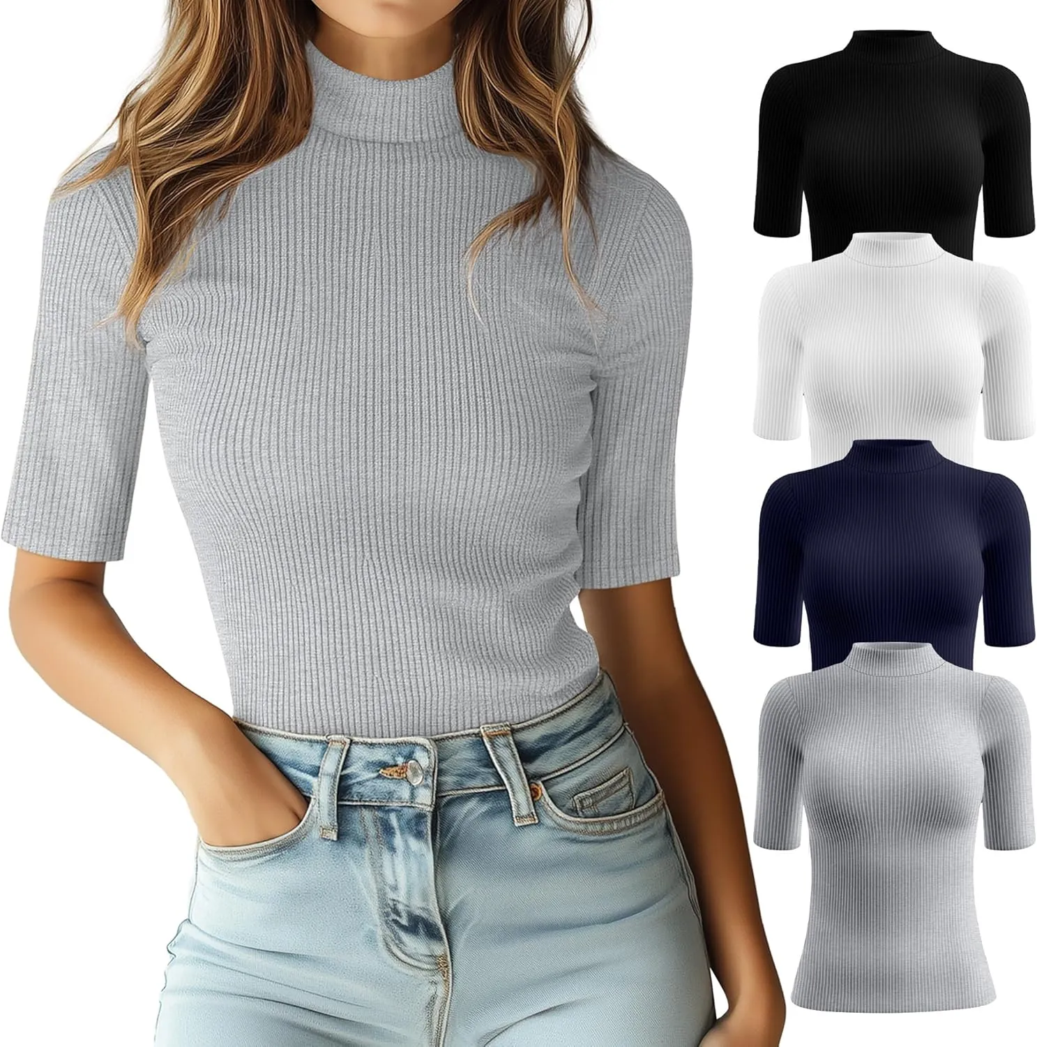Huukeay 4 Pack Women's Mock Turtleneck Elbow Length Sleeve Ribbed Knit Tops, Tight Half Sleeve T-Shirts Casual Slim Tees