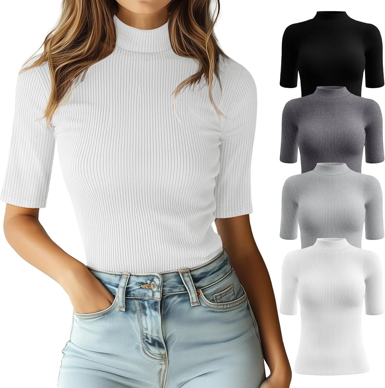 Huukeay 4 Pack Women's Mock Turtleneck Elbow Length Sleeve Ribbed Knit Tops, Tight Half Sleeve T-Shirts Casual Slim Tees