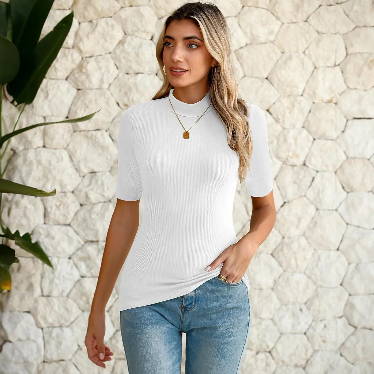 Huukeay 4 Pack Women's Mock Turtleneck Elbow Length Sleeve Ribbed Knit Tops, Tight Half Sleeve T-Shirts Casual Slim Tees