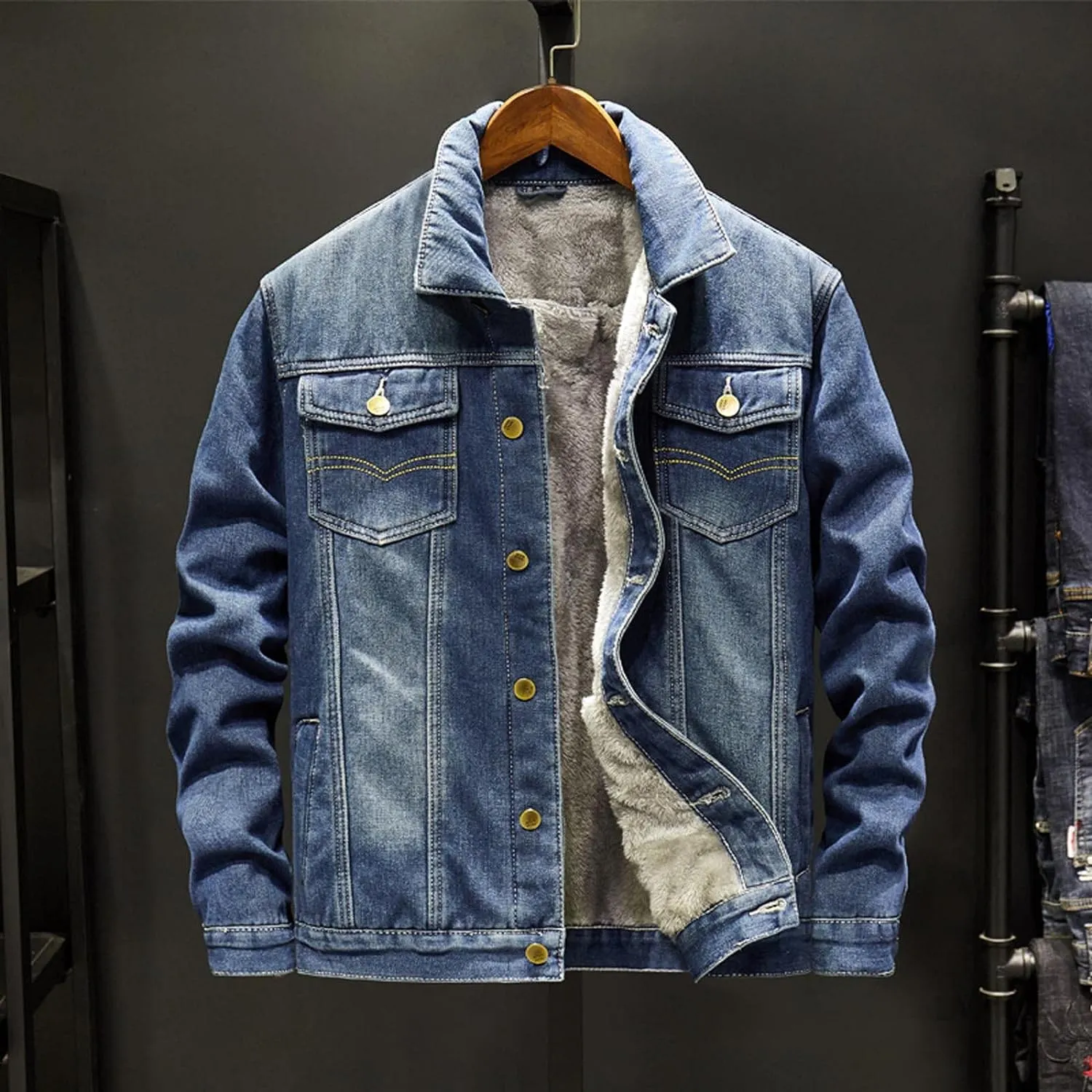 jsaierl Men's Denim Jacket Lapel Sherpa Fleece Lined Thicken Denim Jean Trucker Jacket Coats Slim Casual Jean Jacket