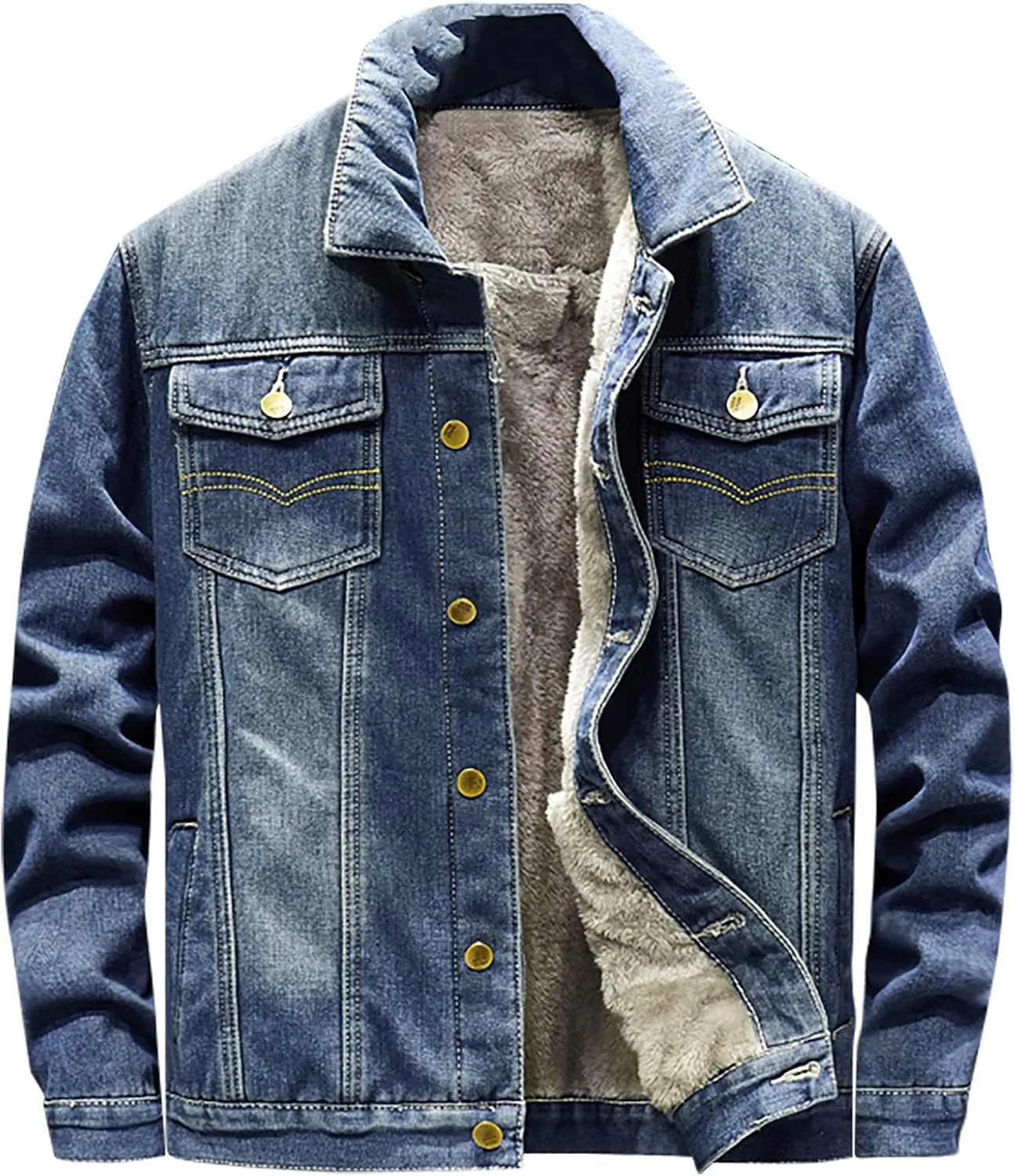 jsaierl Men's Denim Jacket Lapel Sherpa Fleece Lined Thicken Denim Jean Trucker Jacket Coats Slim Casual Jean Jacket