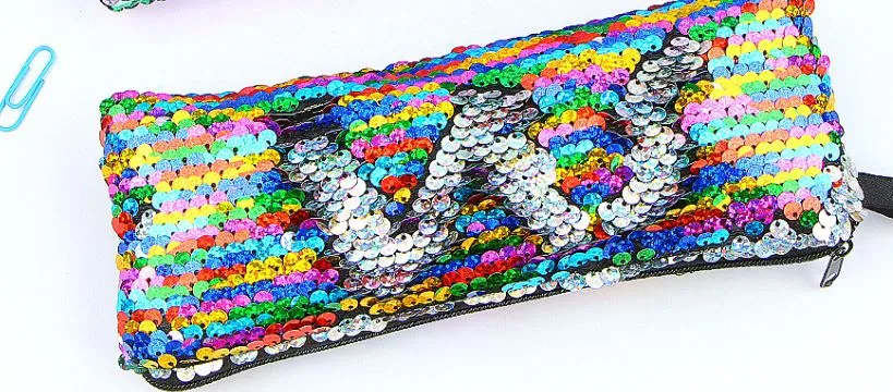 L149 Iridescent Multi Color & Silver Sequin Pencil Storage Bag