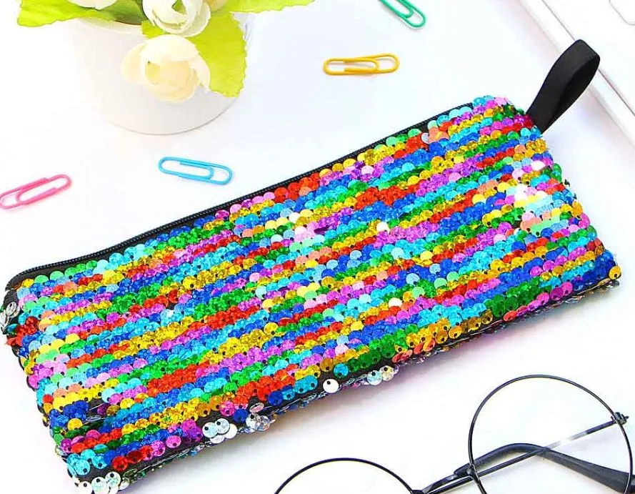 L149 Iridescent Multi Color & Silver Sequin Pencil Storage Bag