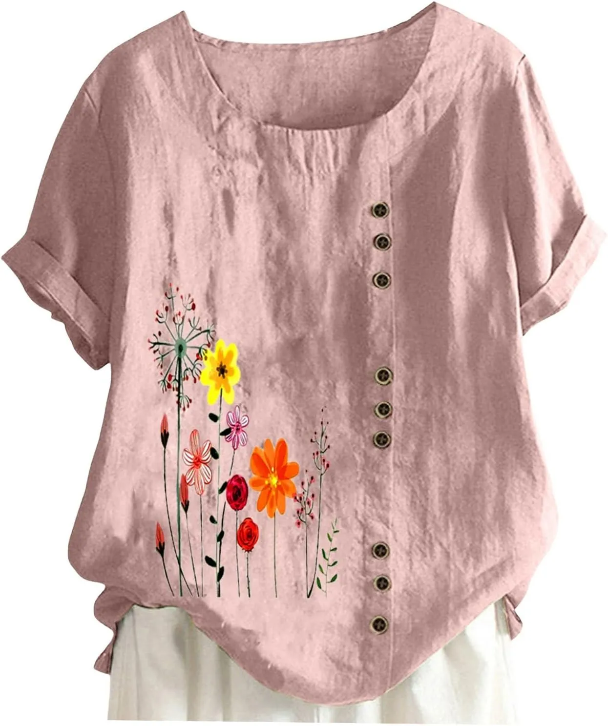 Linen Shirts for Women Summer Casual Loose Fit Tops Floral Printed Crew Neck Buttons Short Sleeve Trendy Blouses