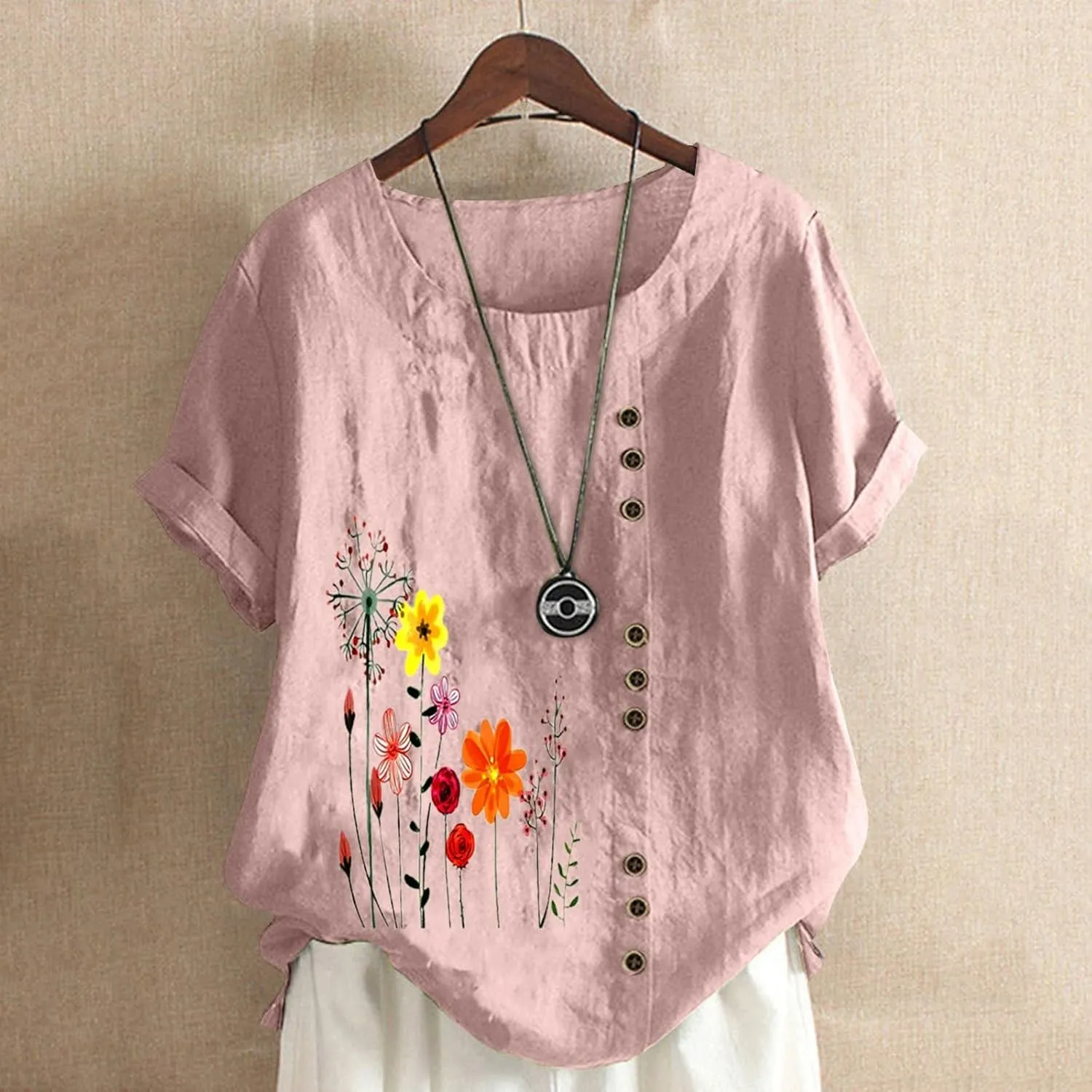 Linen Shirts for Women Summer Casual Loose Fit Tops Floral Printed Crew Neck Buttons Short Sleeve Trendy Blouses