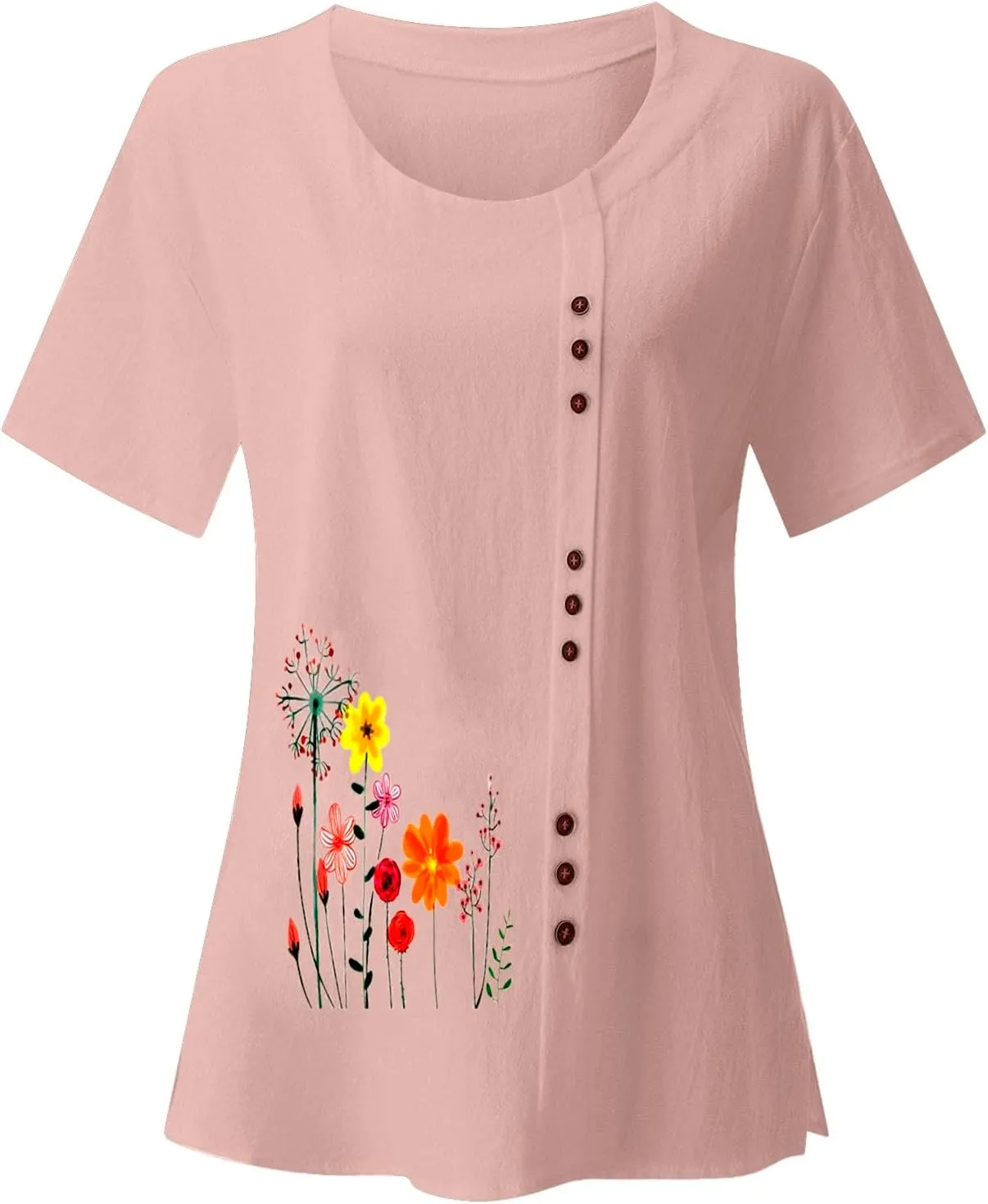 Linen Shirts for Women Summer Casual Loose Fit Tops Floral Printed Crew Neck Buttons Short Sleeve Trendy Blouses