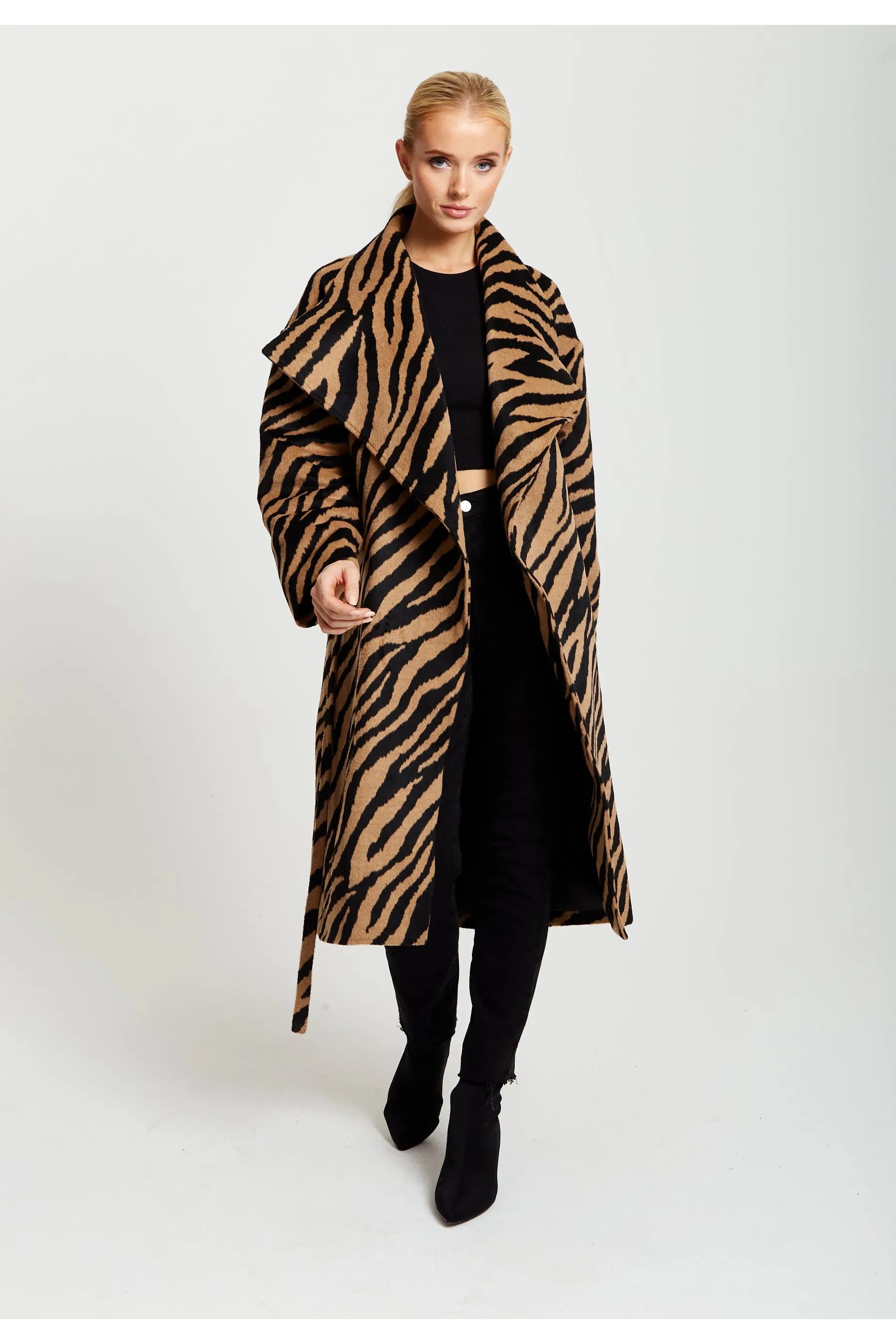 Liquorish Zebra Print Longline Coat In Brown And Black