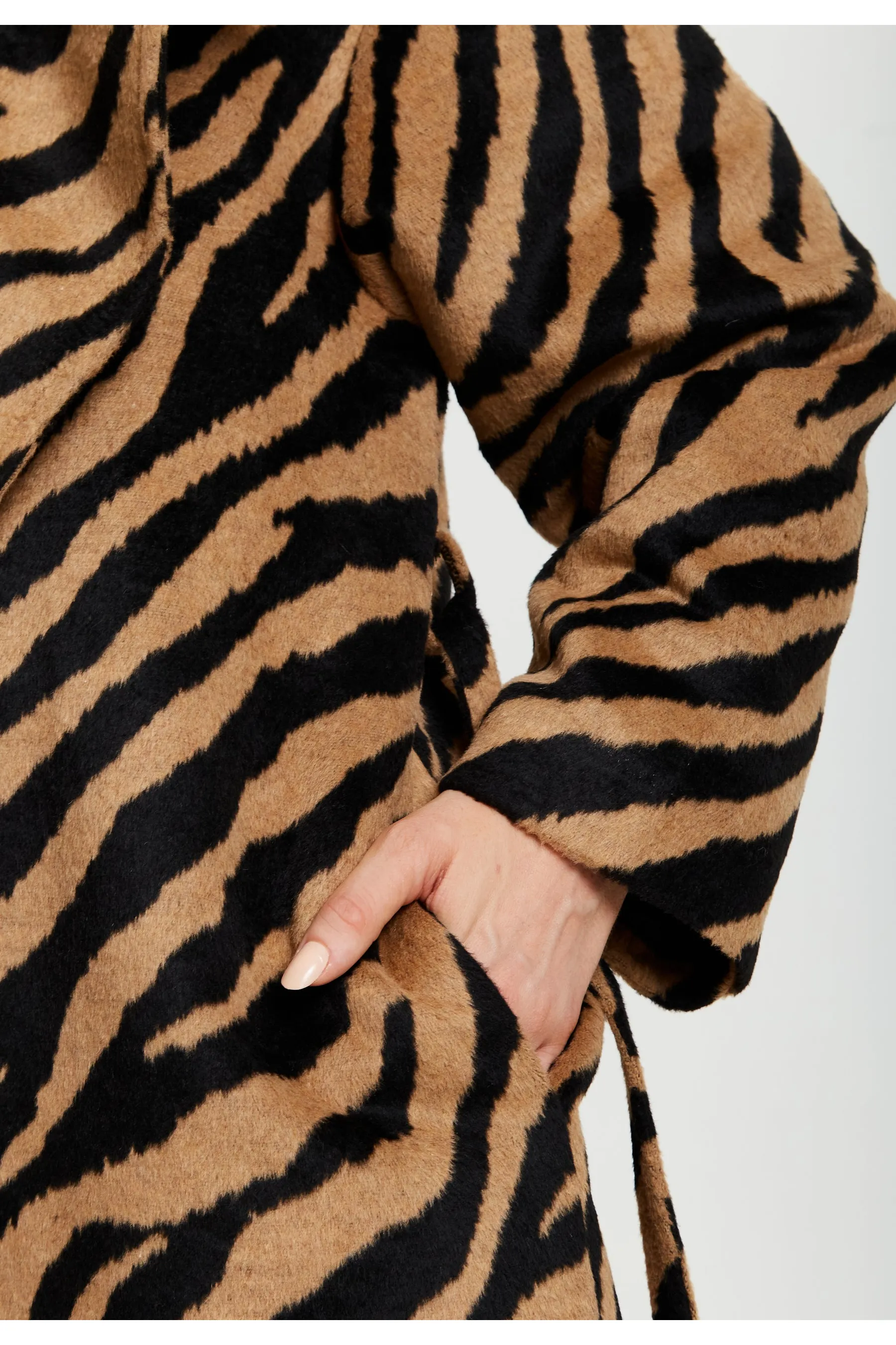 Liquorish Zebra Print Longline Coat In Brown And Black