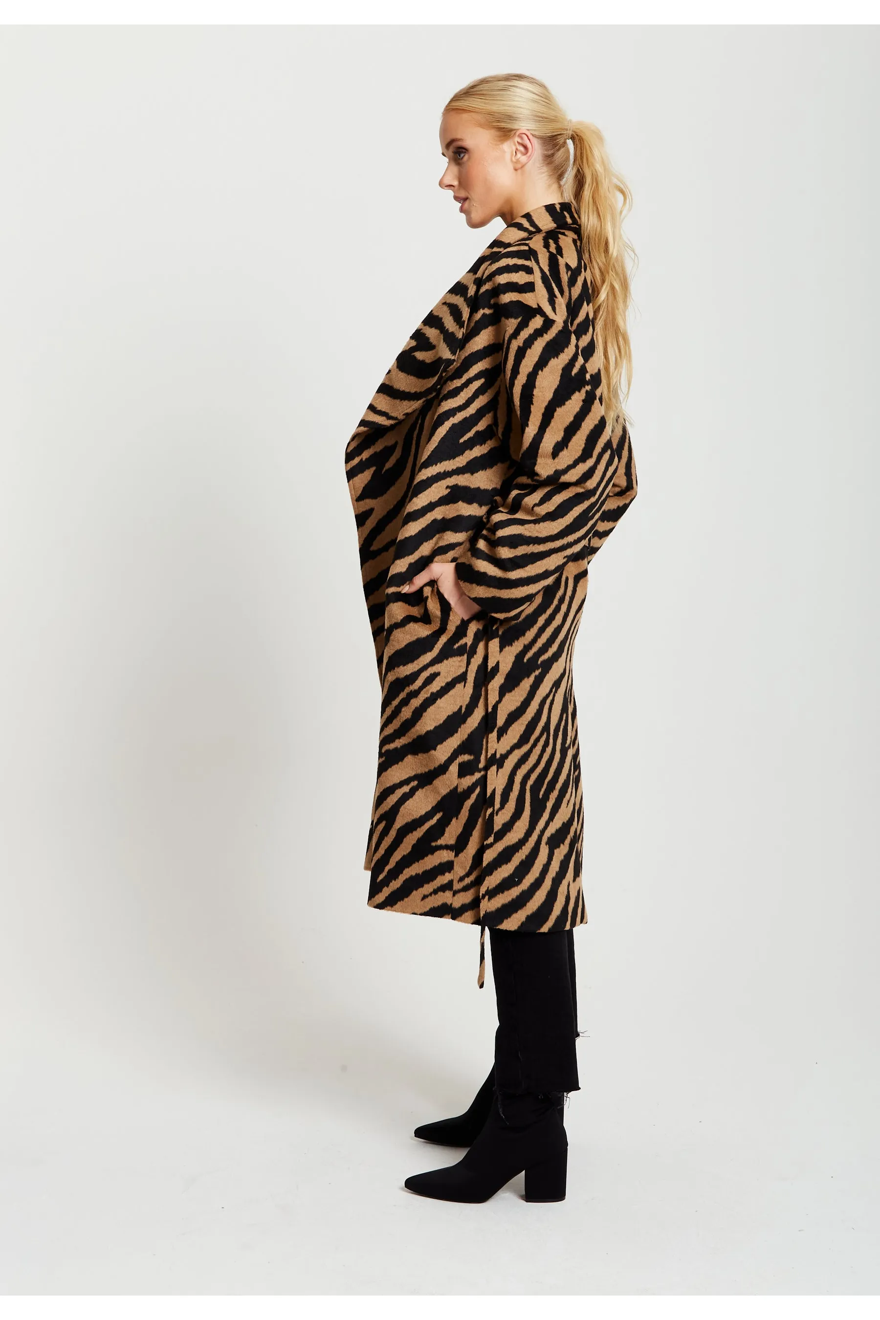 Liquorish Zebra Print Longline Coat In Brown And Black