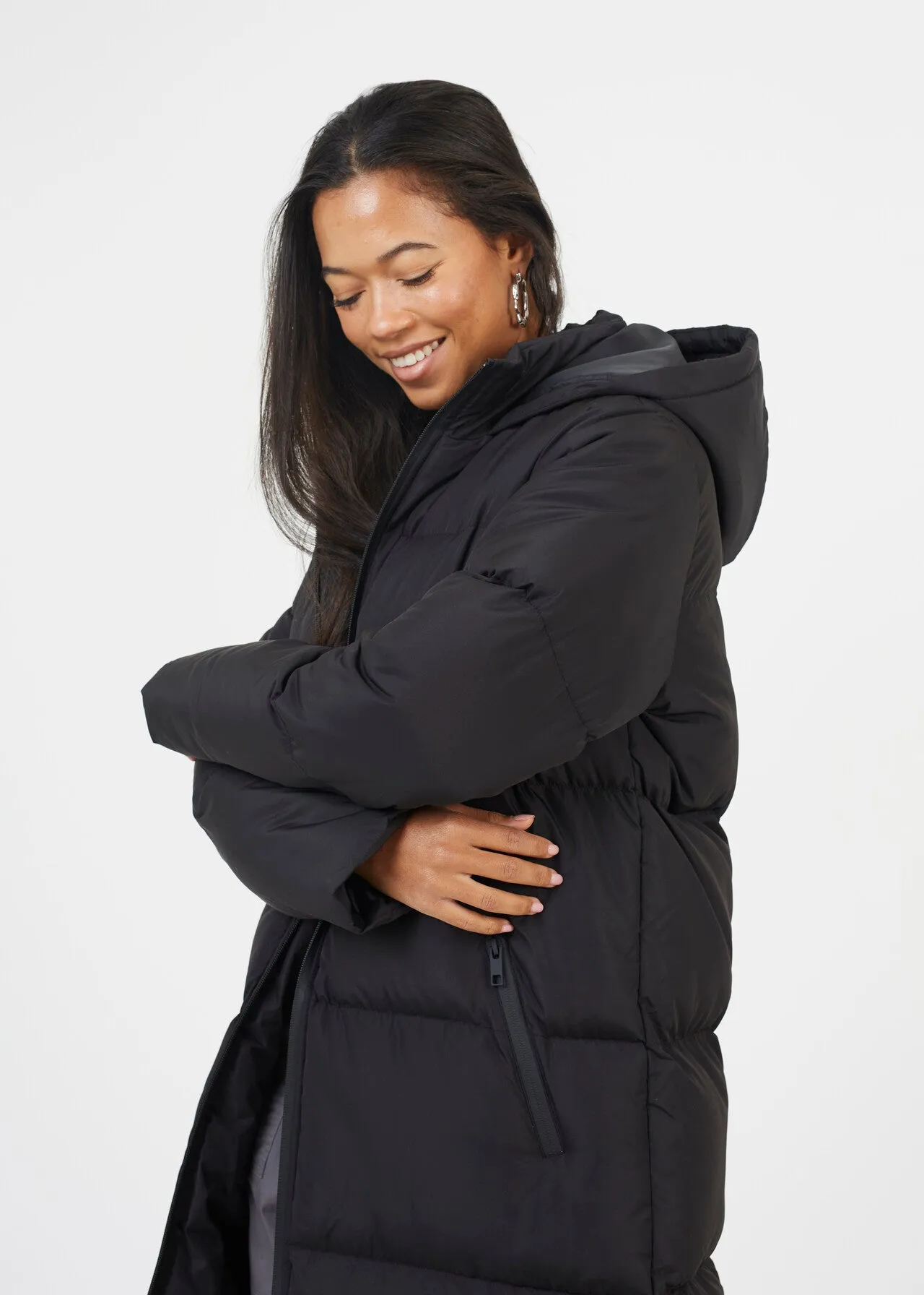 LONG LENGTH PADDED COAT WITH HOOD & ZIP POCKETS