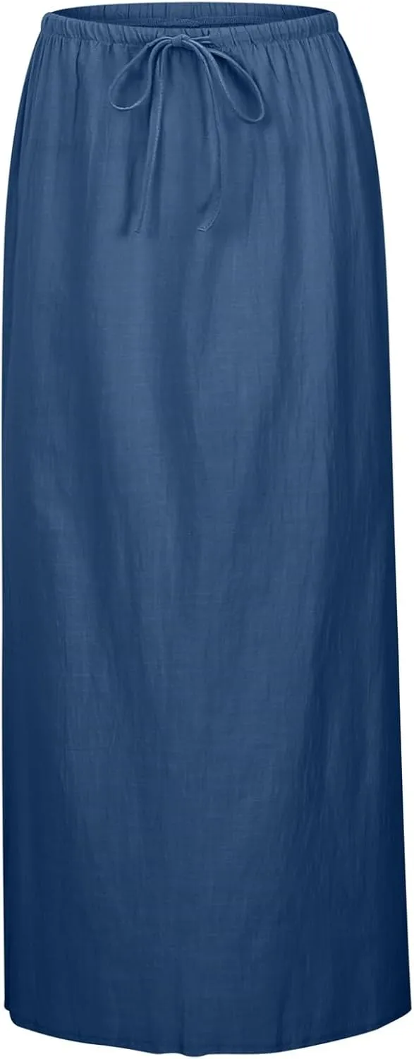 Long Skirts for Women with Slit High Elastic Waist Loose Solid Casual Maxi Skirt for Women Trendy 2025 Summer Vacation