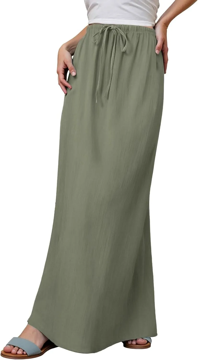 Long Skirts for Women with Slit High Elastic Waist Loose Solid Casual Maxi Skirt for Women Trendy 2025 Summer Vacation
