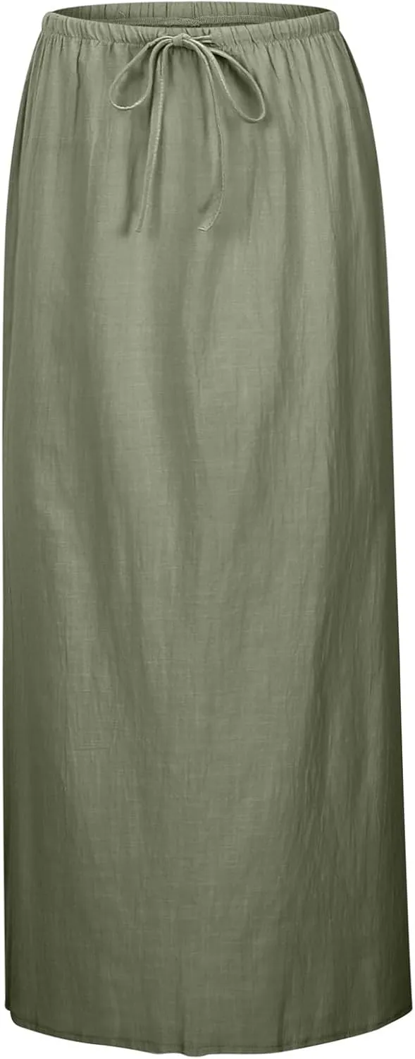 Long Skirts for Women with Slit High Elastic Waist Loose Solid Casual Maxi Skirt for Women Trendy 2025 Summer Vacation
