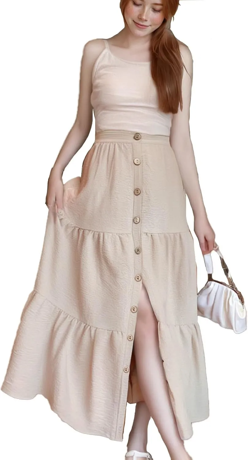 Long Skirts Front Button High Waist Tummy Control Solid Pleated A-Line Casual Summer Skirts for Women Vacation Clothes