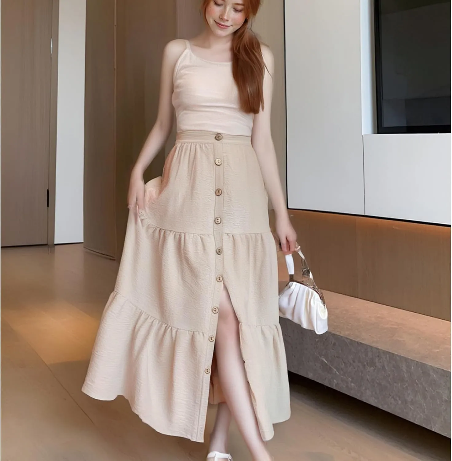 Long Skirts Front Button High Waist Tummy Control Solid Pleated A-Line Casual Summer Skirts for Women Vacation Clothes