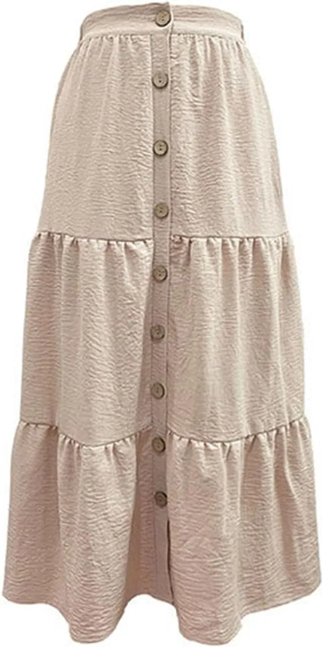 Long Skirts Front Button High Waist Tummy Control Solid Pleated A-Line Casual Summer Skirts for Women Vacation Clothes