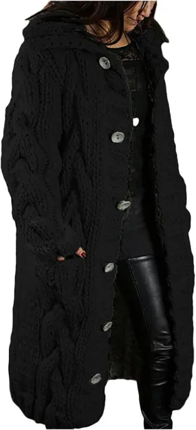 Long Sleeve Cable Knit Long Cardigan for Women 2024 Fall Winter Chunky Open Front Button Sweaters with Pockets