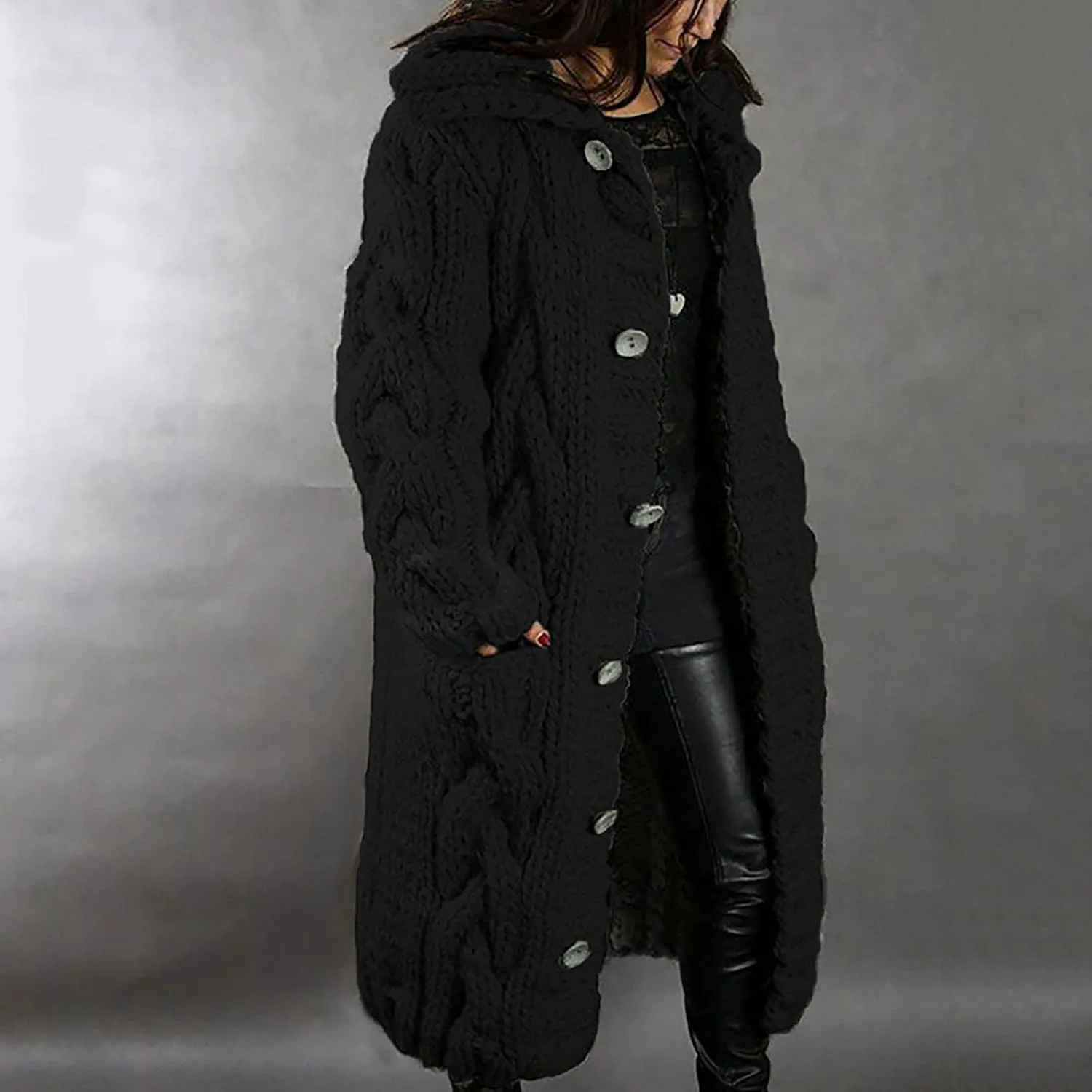 Long Sleeve Cable Knit Long Cardigan for Women 2024 Fall Winter Chunky Open Front Button Sweaters with Pockets