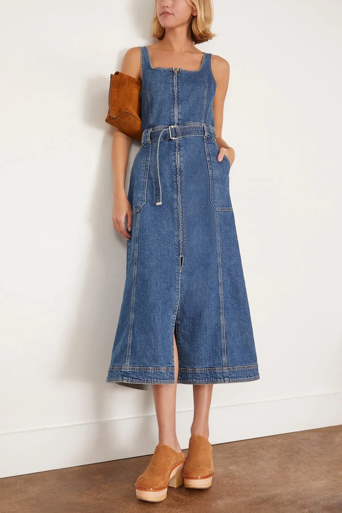Manson Short Sleeve Belted Midi Dress in Marine Wash