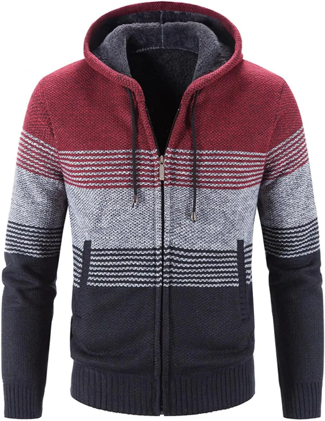 Mens Heavy Warm Sherpa Fleece Lined Stripe Hoodie Jackets Zip Up Thick Cable Knitted Cardigan Sweater Coats