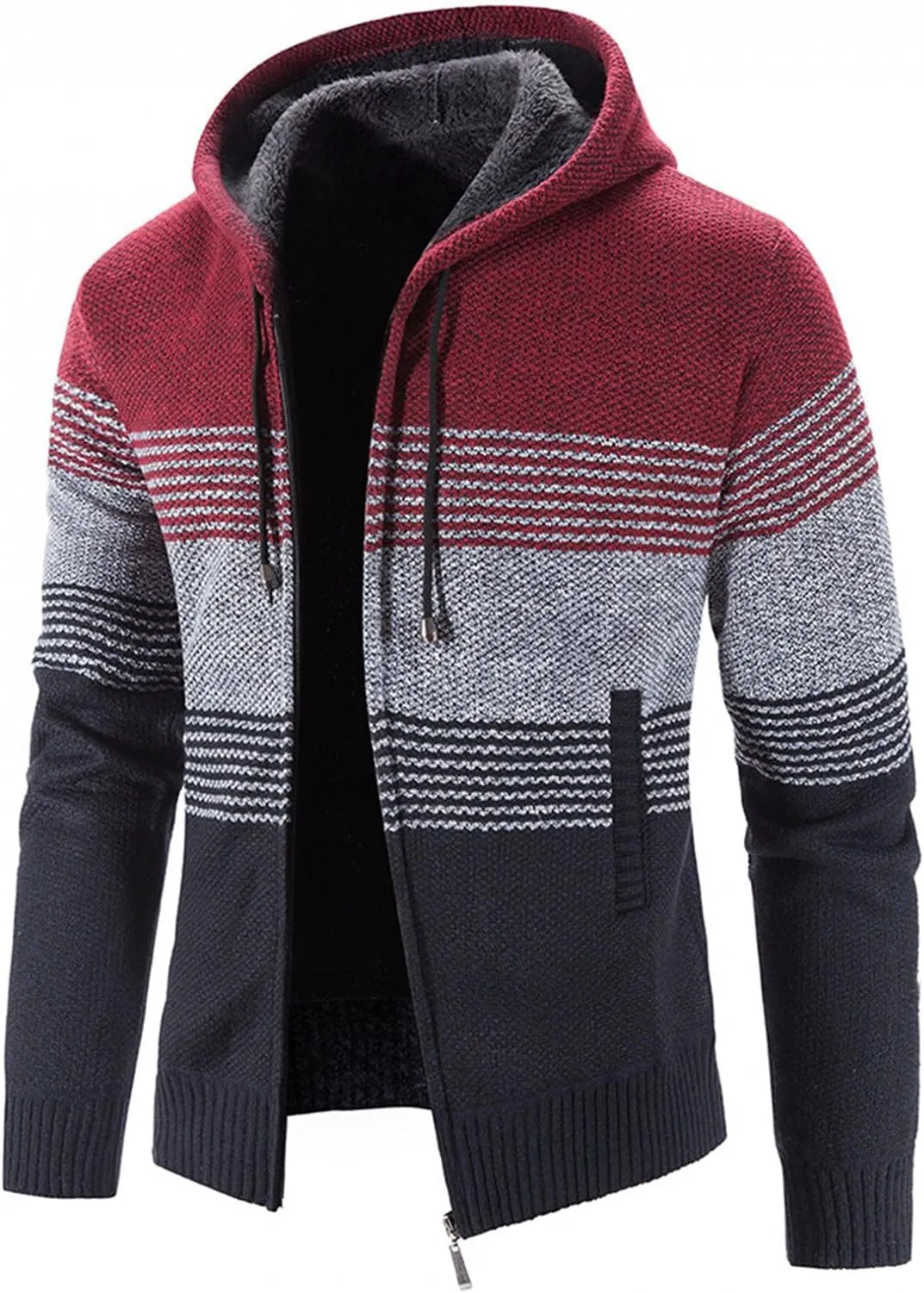 Mens Heavy Warm Sherpa Fleece Lined Stripe Hoodie Jackets Zip Up Thick Cable Knitted Cardigan Sweater Coats