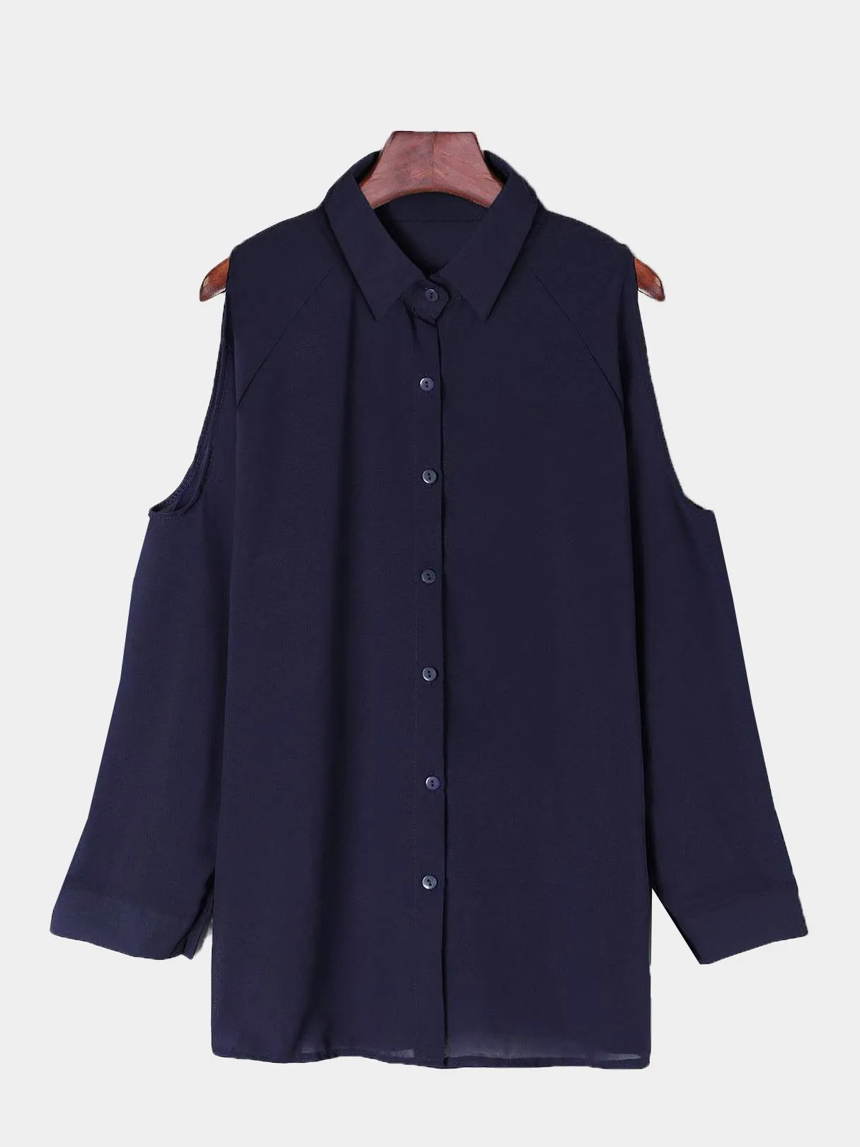 OEM ODM Cold Shoulder Plain Long Sleeve Irregular Hem Navy Blouses