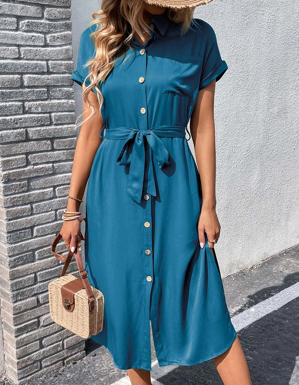 Plain Lapel Button Front Belted Pocket Slits Long Dresses