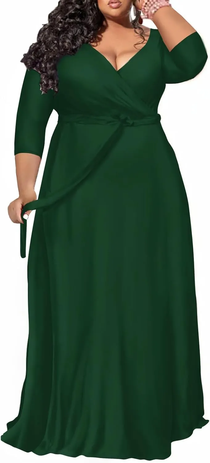 Plus Size Dress for Women - 3/4 Sleeve V-Neck Maxi Dress for Women with Belt and Pockets （2XL-6XL