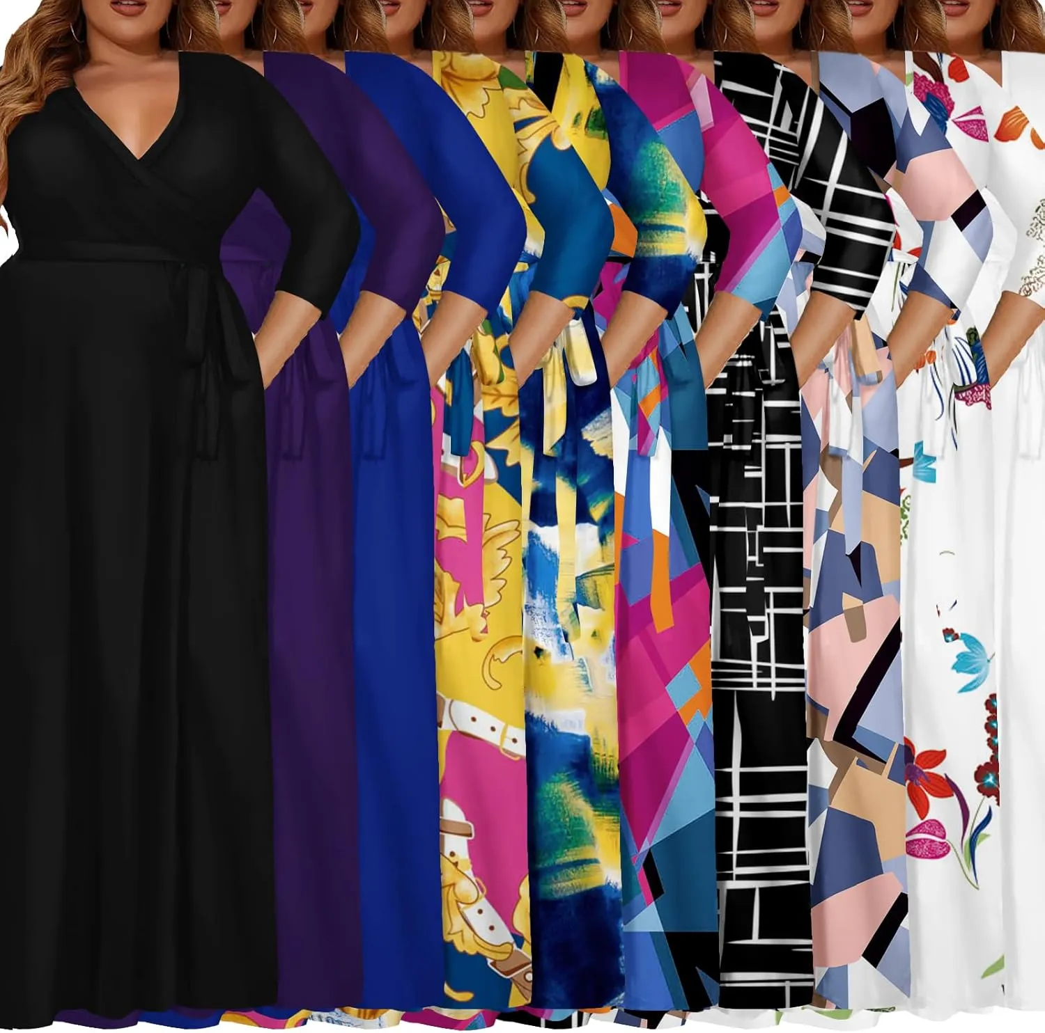 Plus Size Dress for Women - 3/4 Sleeve V-Neck Maxi Dress for Women with Belt and Pockets （2XL-6XL
