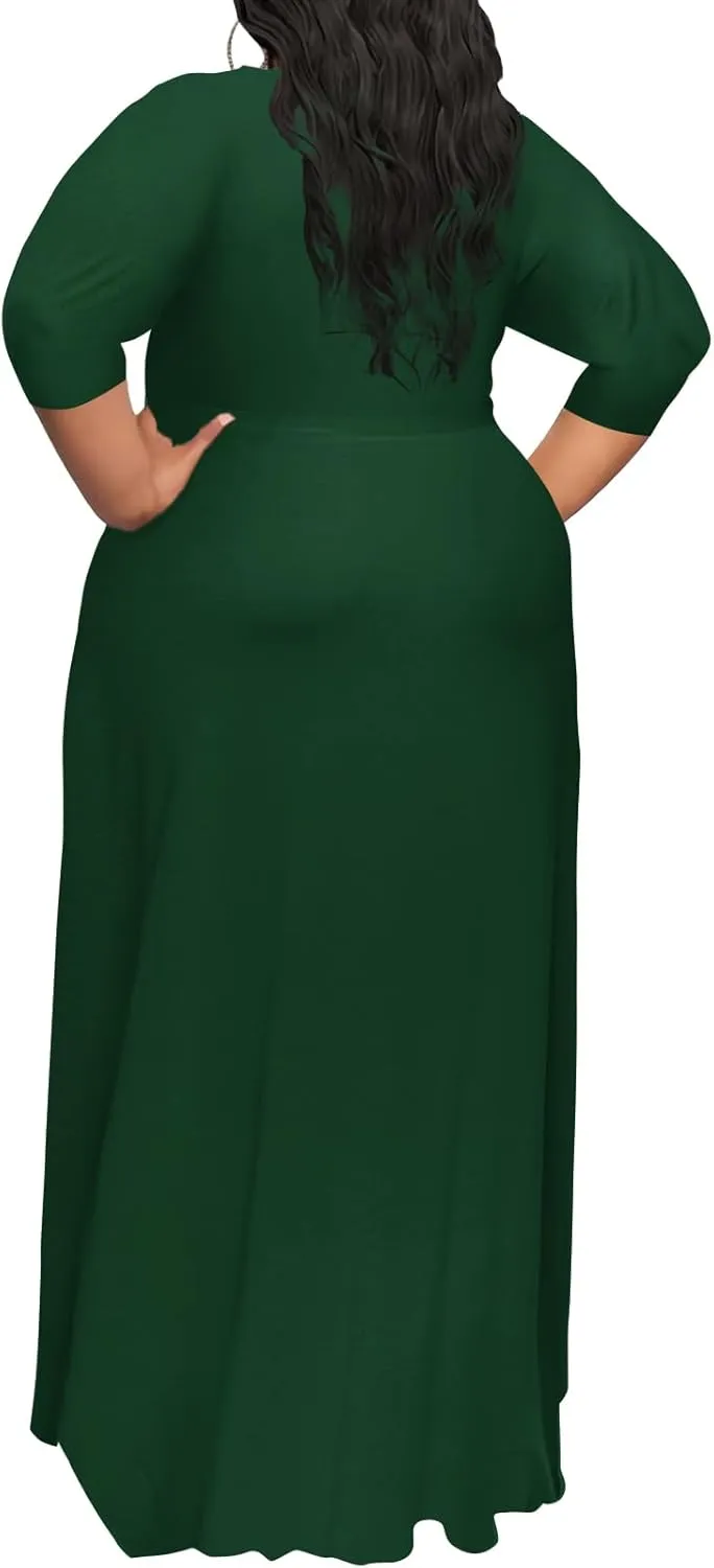 Plus Size Dress for Women - 3/4 Sleeve V-Neck Maxi Dress for Women with Belt and Pockets （2XL-6XL