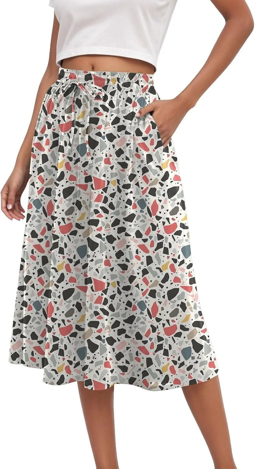 Rvidbe Midi Skirt for Women Graphic Printed High Waisted Below Knee Pleated Flowy Skirts with Pockets Beach A-Line Skirts