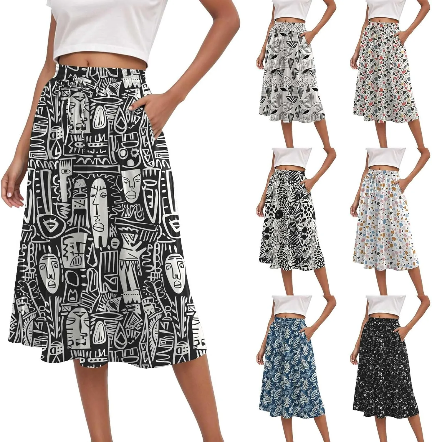 Rvidbe Midi Skirt for Women Graphic Printed High Waisted Below Knee Pleated Flowy Skirts with Pockets Beach A-Line Skirts