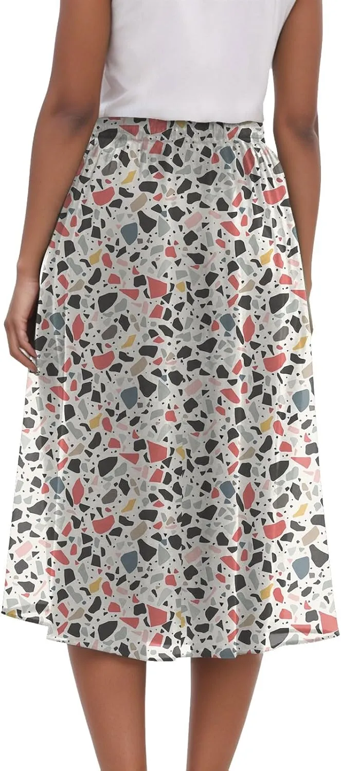 Rvidbe Midi Skirt for Women Graphic Printed High Waisted Below Knee Pleated Flowy Skirts with Pockets Beach A-Line Skirts