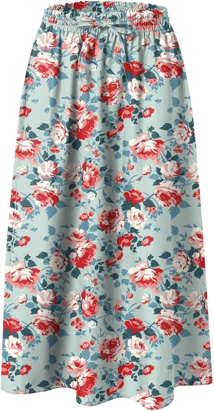 Rvidbe Skirts for Women Midi Length Pleated High Waisted Casual Below Knee Skirts with Pockets Floral Print A-Line Skirts
