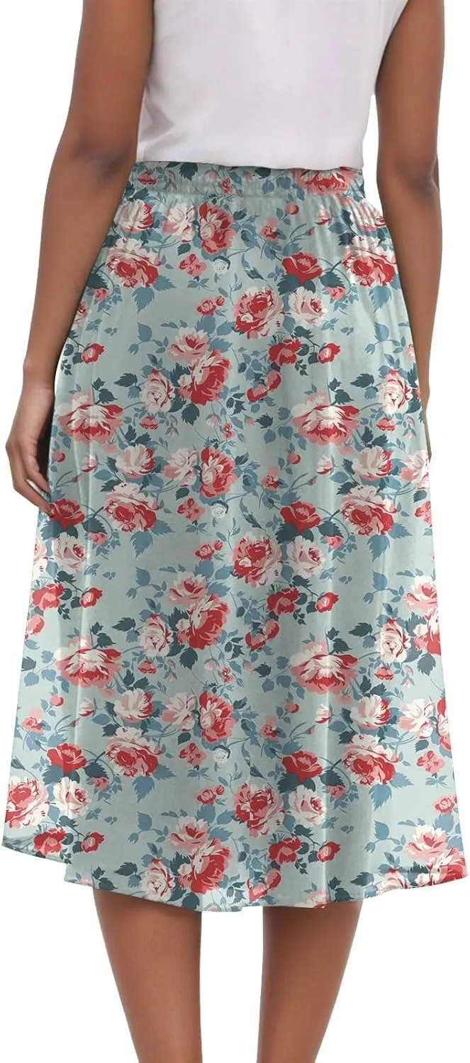 Rvidbe Skirts for Women Midi Length Pleated High Waisted Casual Below Knee Skirts with Pockets Floral Print A-Line Skirts