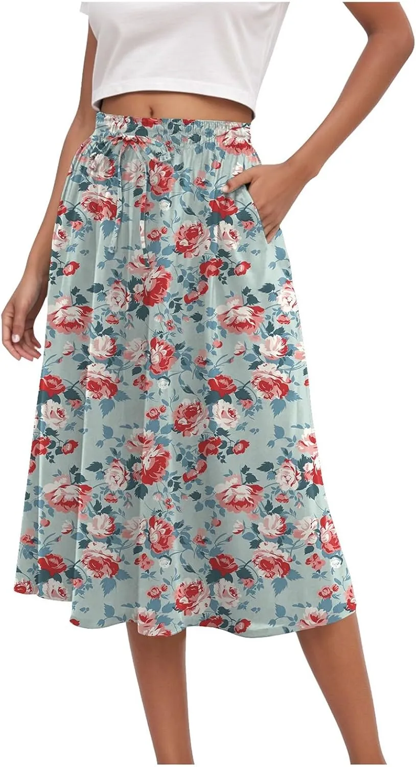 Rvidbe Skirts for Women Midi Length Pleated High Waisted Casual Below Knee Skirts with Pockets Floral Print A-Line Skirts