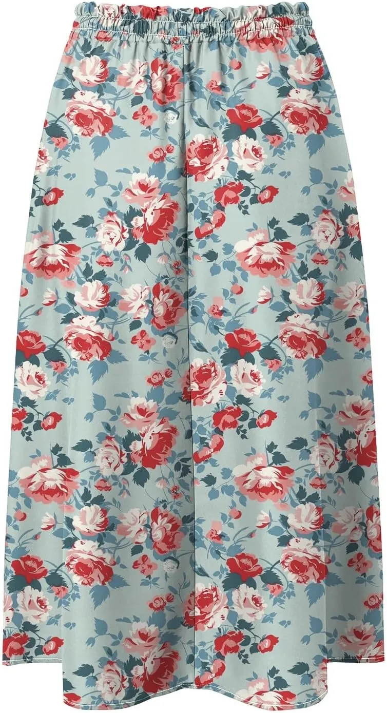 Rvidbe Skirts for Women Midi Length Pleated High Waisted Casual Below Knee Skirts with Pockets Floral Print A-Line Skirts