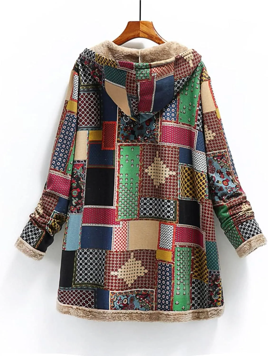 SACFOF Womens Cotton Linen Fluffy Jackets Coats Boho Flowers Floral Print Fleece Lined Hooded Warm Loose Winter Outwear