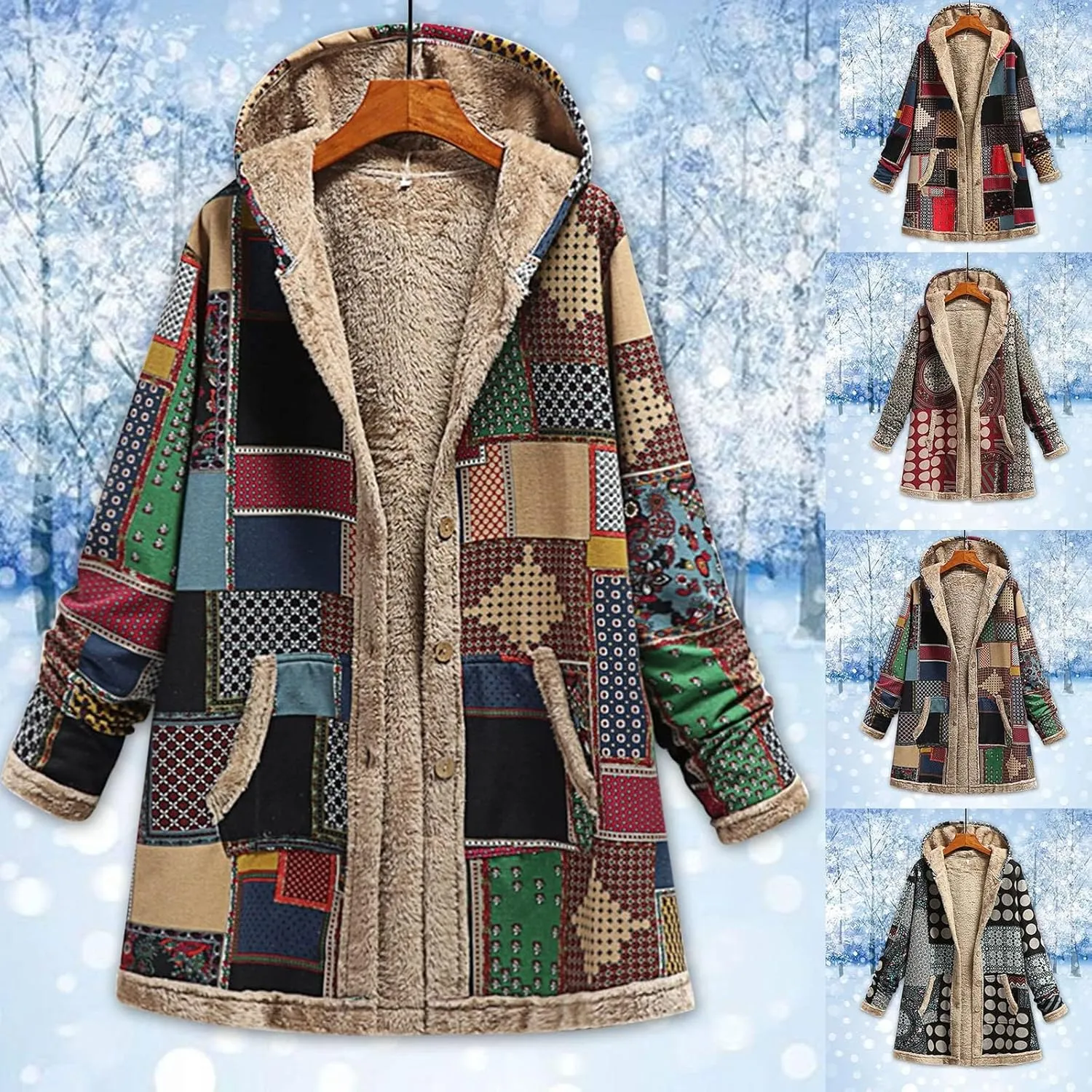 SACFOF Womens Cotton Linen Fluffy Jackets Coats Boho Flowers Floral Print Fleece Lined Hooded Warm Loose Winter Outwear