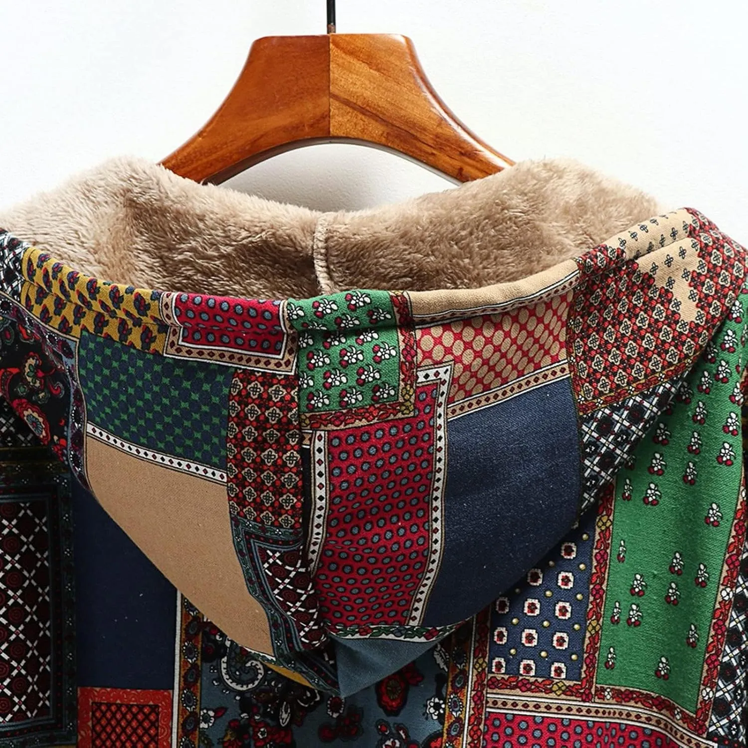 SACFOF Womens Cotton Linen Fluffy Jackets Coats Boho Flowers Floral Print Fleece Lined Hooded Warm Loose Winter Outwear
