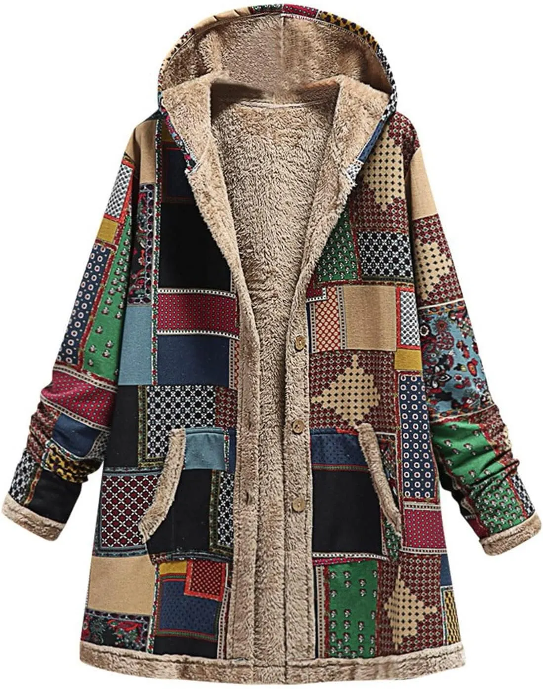 SACFOF Womens Cotton Linen Fluffy Jackets Coats Boho Flowers Floral Print Fleece Lined Hooded Warm Loose Winter Outwear