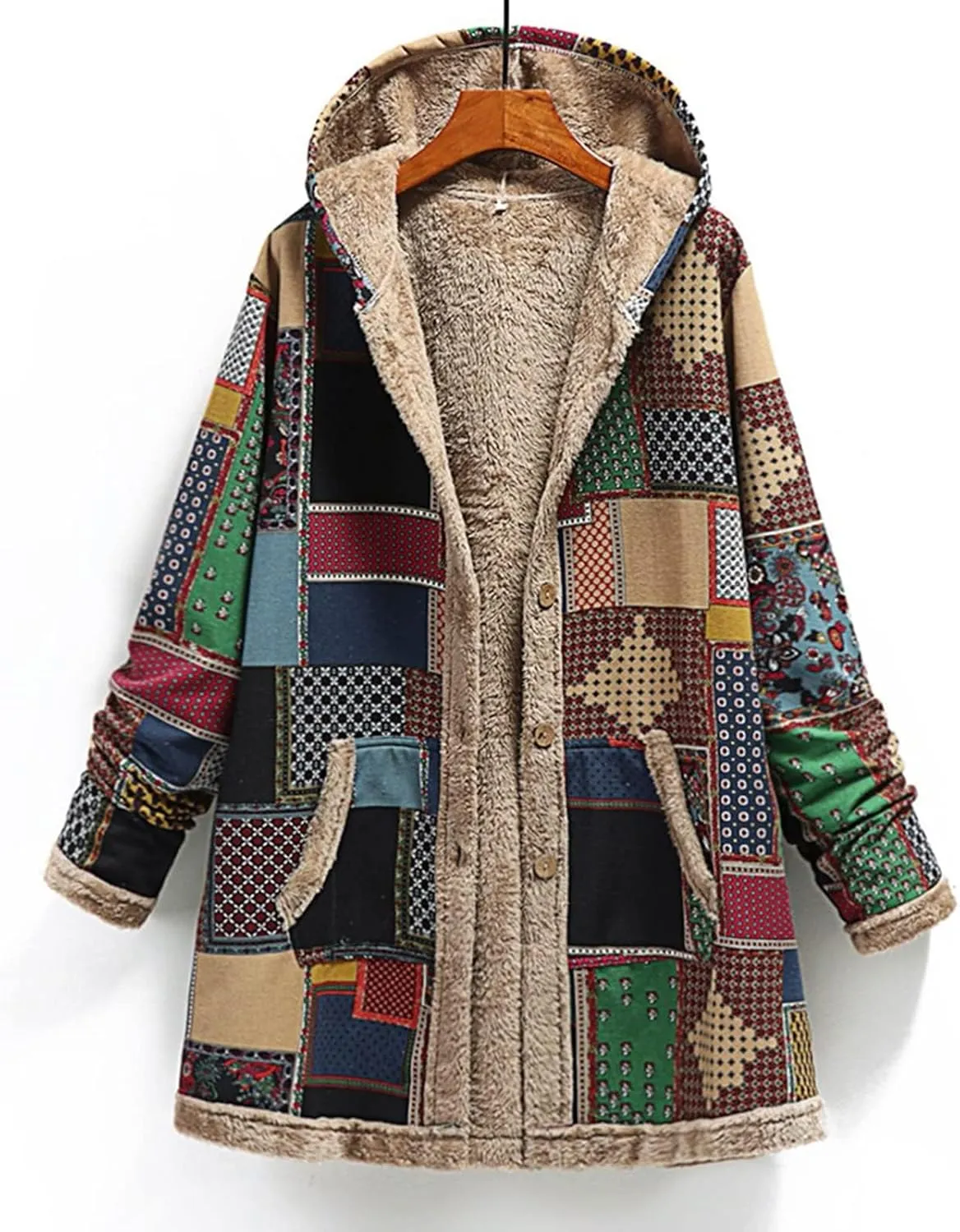 SACFOF Womens Cotton Linen Fluffy Jackets Coats Boho Flowers Floral Print Fleece Lined Hooded Warm Loose Winter Outwear