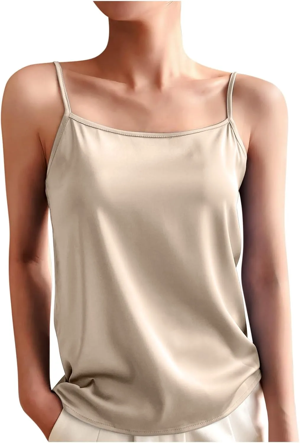 Silky Camisole Tops for Women Spaghetti Strap Tank Top Satin Cami Shirts Basic Undershirt Loose Sleeveless Blouse