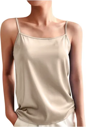 Silky Camisole Tops for Women Spaghetti Strap Tank Top Satin Cami Shirts Basic Undershirt Loose Sleeveless Blouse