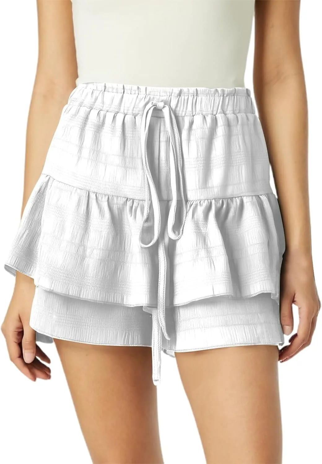 Skirts for Women Trendy Midi Length High Elastic Waist Drawstring Double Ruffle Hem Loose Flowy Casual Short Skirts