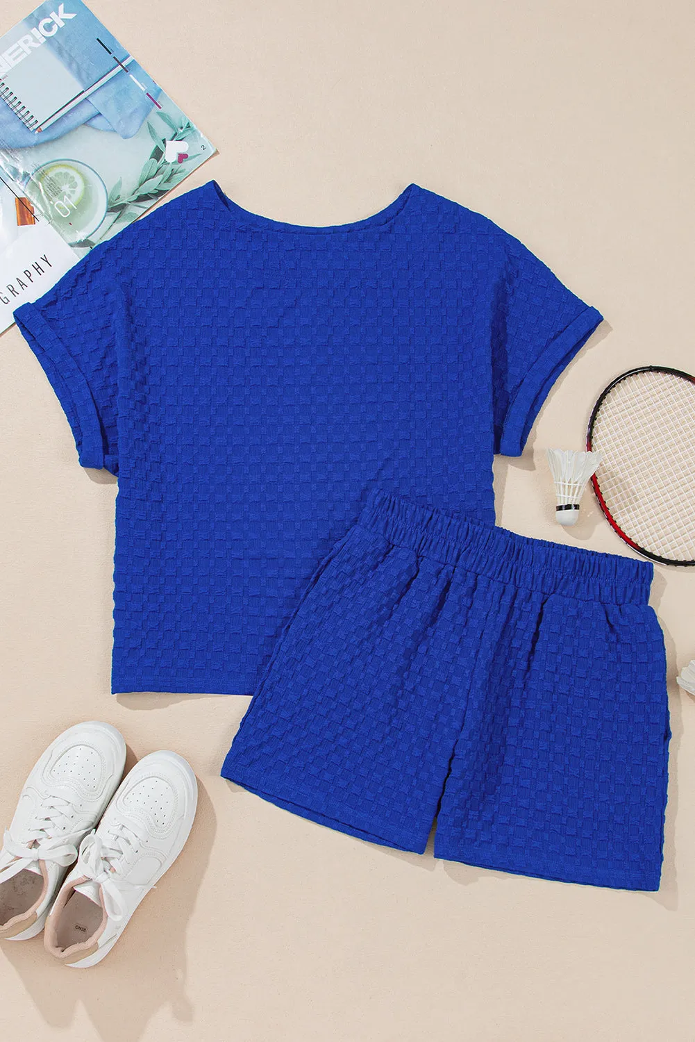 Sky Blue Jacquard Textured Buttoned Tee and Shorts Set