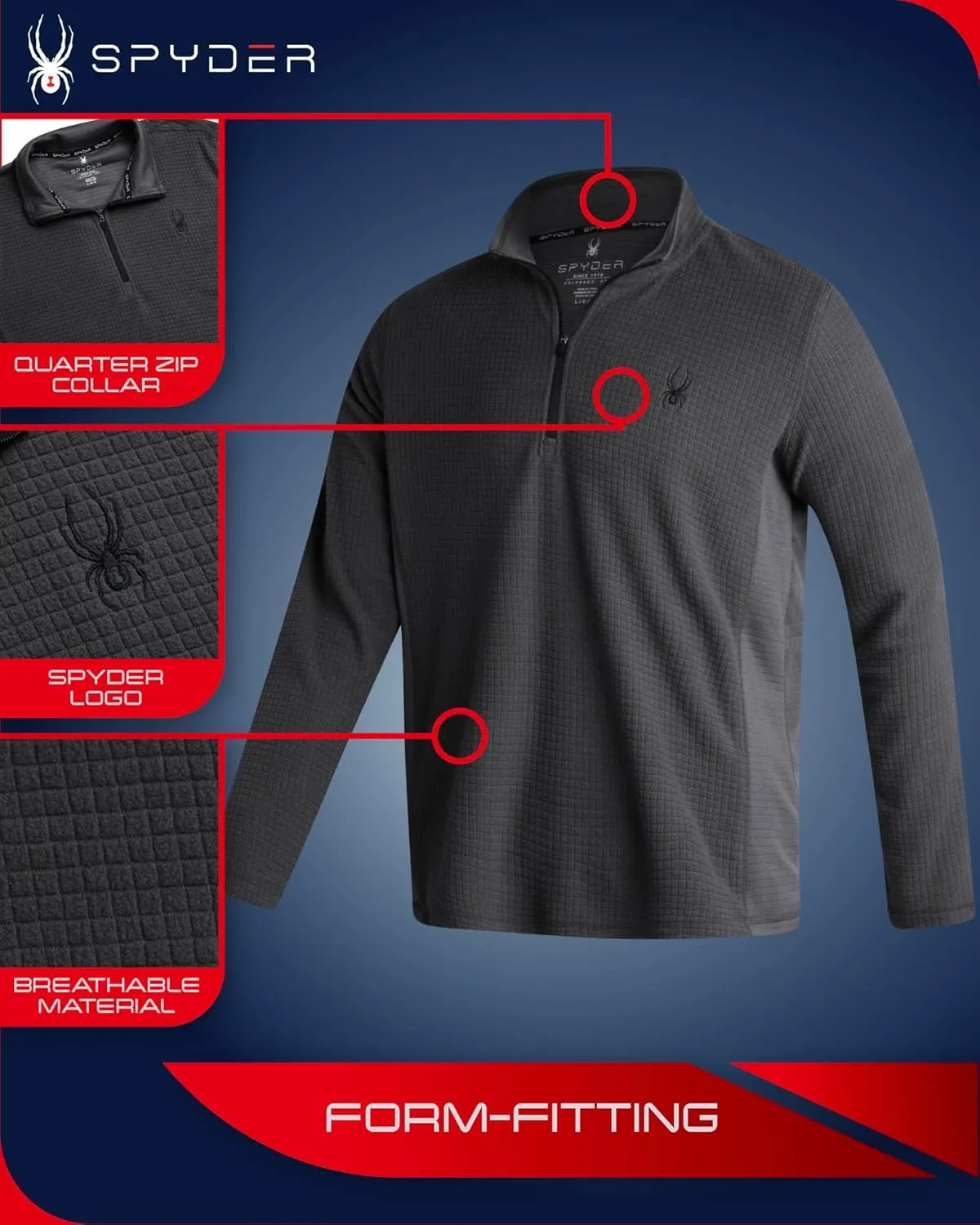 Spyder Men's Active Quarter Zip Sweatshirt - Lightweight Grid Fleece Athletic Mock Neck Pullover Sweatshirt (Sizes: S-XXL)