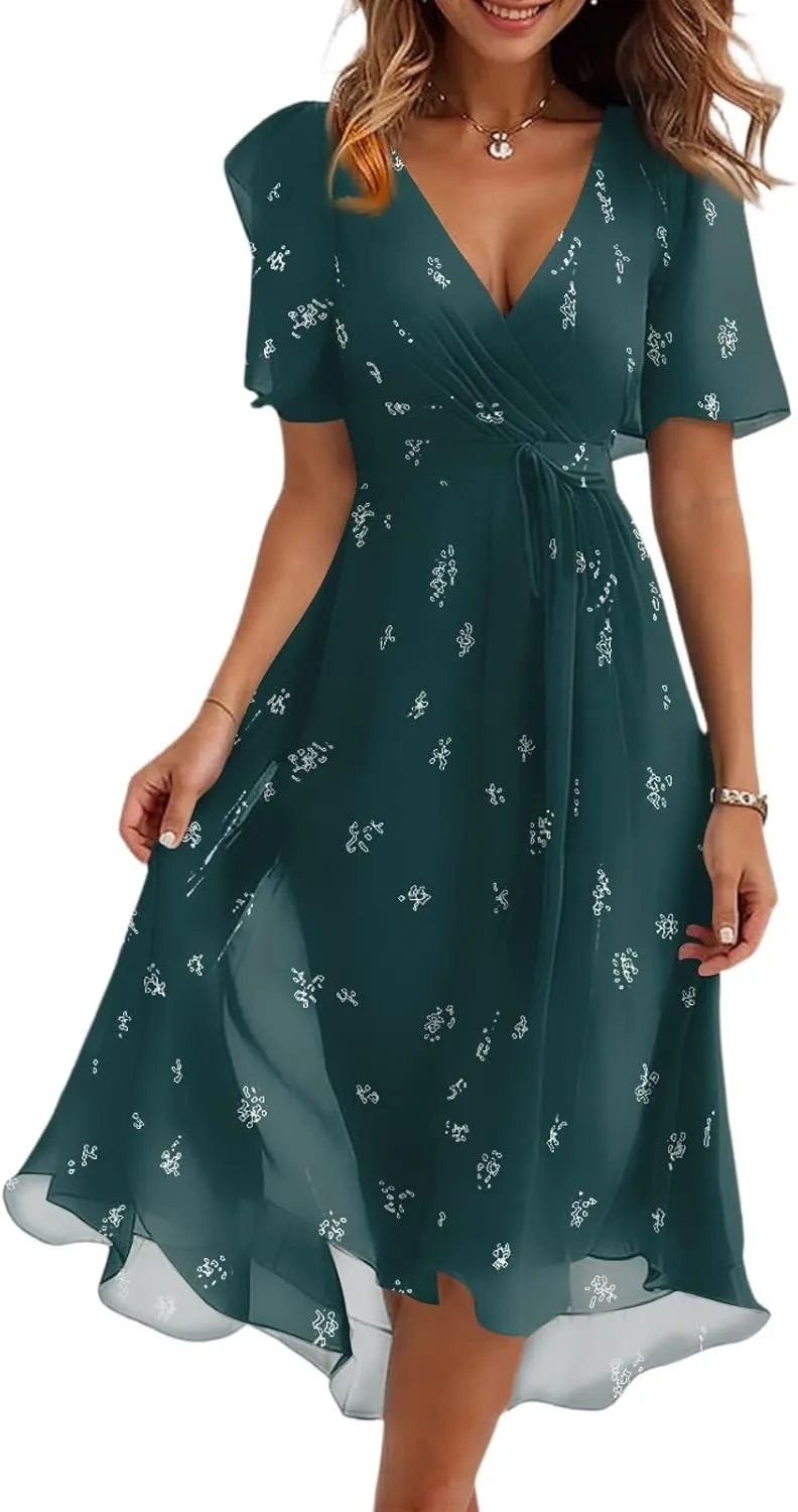 Summer Floral Dresses for Women 2025 Midi Wedding Guest Dress Chiffon Dresses V Neck Short Sleeve Tie Waist Ruffled Hem
